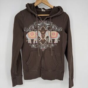 Vintage Lucky Brand Hoodie‎ Women's Small Brown Elephant Oriental Sweatshirt Y2K